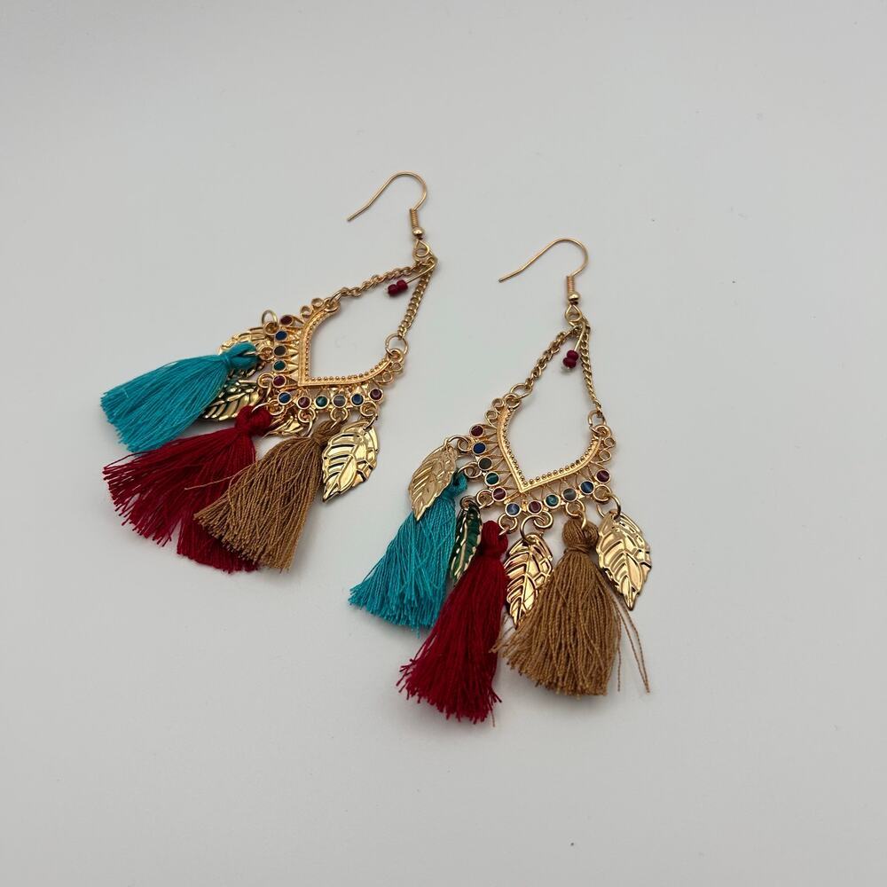 Handmade Multi-colored Tassel Gold Leaf Hook Earrings
